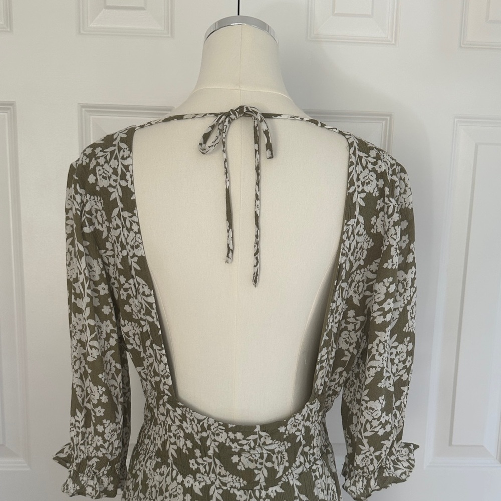 Lulus Spring Meadows Olive Green Floral Print Midi Dress Size L - Picture 10 of 15